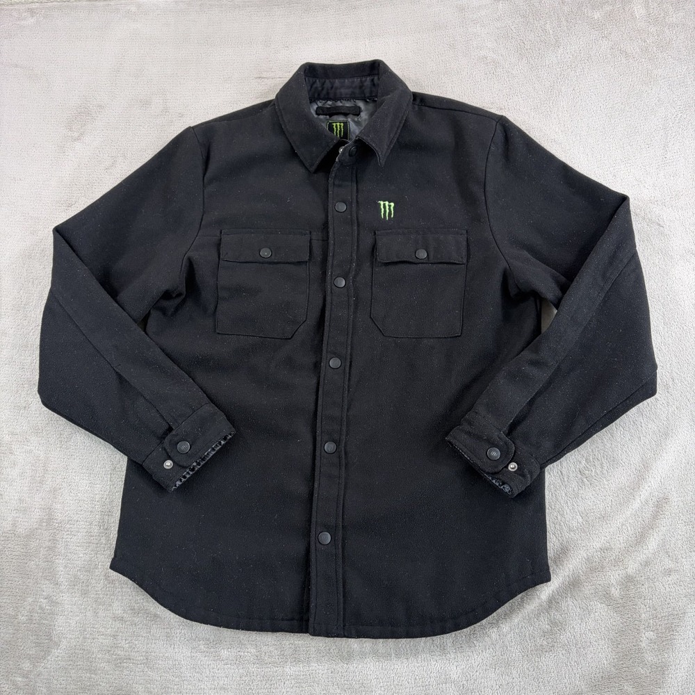 Monster Energy Embroidered Snap Shirt Jacket Shacket Men Medium Black Wool Blend